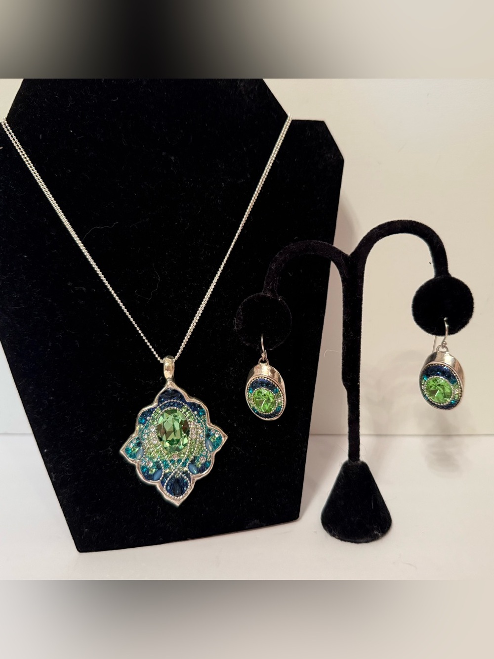 ORIT SCHATZMAN ISRAEL DESIGNER 925 STERLING SILVER SET NECKLACE EARRINGS GREEN